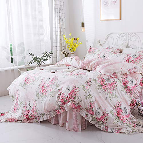 FADFAY Shabby Floral Bedding Girls Duvet Cover Set for Twin Size Bed Cover Pink Rose Bed Set Flower Princess & Chic Dust Ruffle Premium 100% Cotton Floral Bed Skirt 4 Pieces, No Comforter
