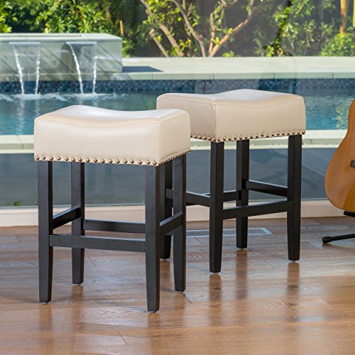 Best Selling Lennox Backless Ivory Leather Counter Stool, White, Set of 2