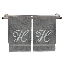 Load image into Gallery viewer, Monogrammed Hand Towel, Personalized Gift, 16 x 30 Inches - Set of 2 - Silver Embroidered Towel - Extra Absorbent 100% Turkish Cotton- Soft Terry Finish - for Bathroom, Kitchen and Spa- Script H Gray
