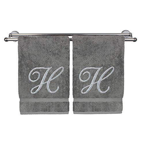 Monogrammed Hand Towel, Personalized Gift, 16 x 30 Inches - Set of 2 - Silver Embroidered Towel - Extra Absorbent 100% Turkish Cotton- Soft Terry Finish - for Bathroom, Kitchen and Spa- Script H Gray