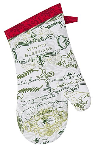 Winter Blessing Green and White Cotton Kitchen Oven Mitt 13 Inch Kay Dee