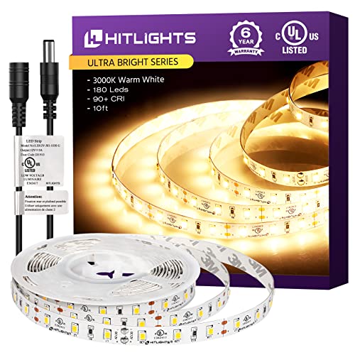 HitLights LED Strip Lights Warm White, 10ft UL-Listed Premium Standard Density LED Strip, 180 LEDs, 330 Lumens/Foot, 3000K, 2835 LEDs, 3 Watts/Foot, 12V DC LED Tape Lighting for Bedroom, Kitchen, Clos
