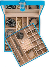 Load image into Gallery viewer, Glenor Co Jewelry Box - 28 Section Classic Organizer with Modern Buckle Closure, Large Mirror &amp; 2 Trays for Women Teens and Girls - Holder for Earring Ring Necklace Bracelet &amp; Watch -PU Leather - Blue
