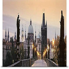 Load image into Gallery viewer, GREATBIGCANVAS Entitled Lit up Bridge at Dusk, Charles Bridge, Prague, Czech Republic Poster Print, 90&quot; x 30&quot;, Multicolor
