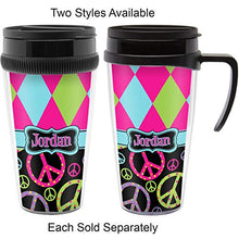 Load image into Gallery viewer, Harlequin &amp; Peace Signs Acrylic Travel Mug with Handle (Personalized)
