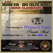 Load image into Gallery viewer, 1 Liter Personalized Irish Claddagh American Oak Aging Barrel - Design 036
