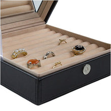 Load image into Gallery viewer, Glenor Co Ring Box Organizer - 54 Slot Classic Jewelry Display Case Holder - Storage Tray with Modern Buckle Closure, Large Mirror - Holds Rings and Cufflinks - Small for Travel - PU Leather - Black
