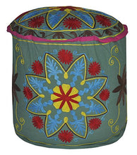 Load image into Gallery viewer, Lalhaveli Room Decorative Handmade Suzani Embroidery Cotton Round Ottoman Cover 18 X 18 X 14 Inches
