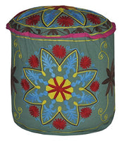 Lalhaveli Room Decorative Handmade Suzani Embroidery Cotton Round Ottoman Cover 18 X 18 X 14 Inches