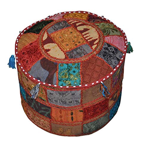 GANESHAM Indian Patchwork Pouf Cover Indian Living Room Home Decor Pouf, Decorative Ottoman, Hand Embroidered Designer Ottoman, Home Living Footstool Chair Cover, Bohemian Pouf Ottoman