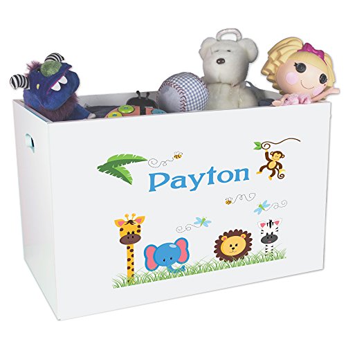 MyBambino Personalized Jungle Animals Toy Box for Children Custom White Wooden Safari Zoo Theme for Kids Bin Child Safe with No Lid Storage Playroom Nursery Kids