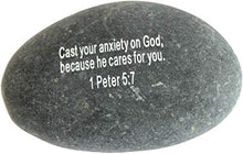 Load image into Gallery viewer, Holy Land Market Engraved Inspirational Scripture Biblical Black Stones Collection - Stone II : 1 Peter 5:7 :&quot; Cast All Your Anxiety on God, Because he Cares for You.
