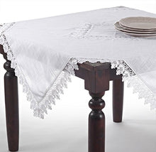 Load image into Gallery viewer, Fennco Styles Venetto Lace Trimmed Elegant Tablecloth 65 x 180 Inch - White Table Cover for Home Dcor, Banquets, Wedding, Family Gathering and Special Events
