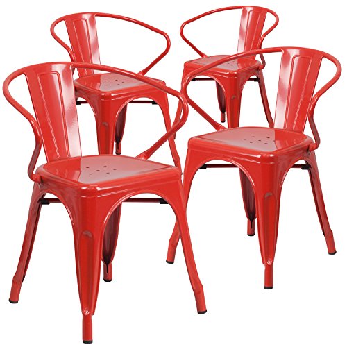 Flash Furniture 4 Pk. Red Metal Indoor-Outdoor Chair with Arms,