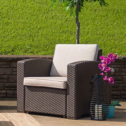 Flash Furniture Chocolate Brown Faux Rattan Chair with All-Weather Beige Cushion