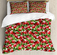 Load image into Gallery viewer, Ambesonne Apple Duvet Cover Set, Red Apples and Green Leaves Organic Food Garden Harvest Eating Clean Theme Print, Decorative 3 Piece Bedding Set with 2 Pillow Shams, Queen Size, Red Green White
