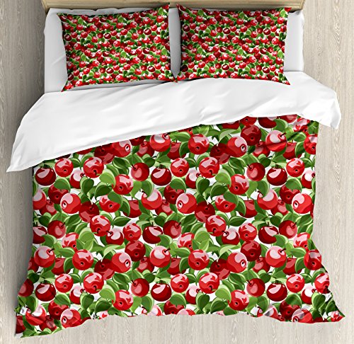 Ambesonne Apple Duvet Cover Set, Red Apples and Green Leaves Organic Food Garden Harvest Eating Clean Theme Print, Decorative 3 Piece Bedding Set with 2 Pillow Shams, Queen Size, Red Green White