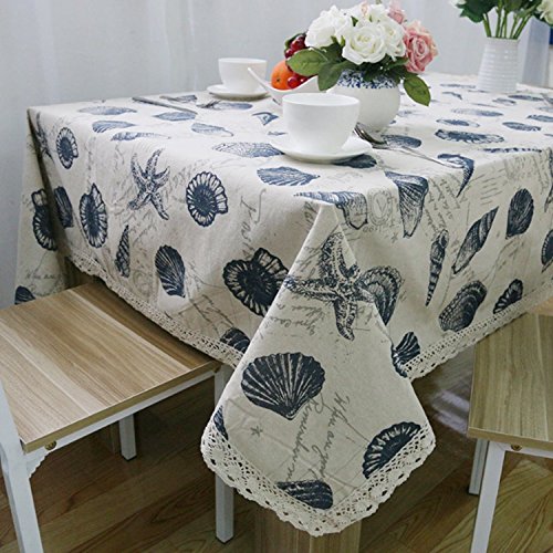 Queenie - 1 Pc Screen Print Cotton Table Cloth Sea Shell with Fringe, 55