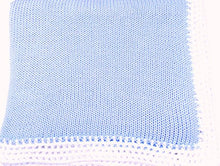 Load image into Gallery viewer, Knitted Hand Crochet Finished Blue Cotton White Trim Baby Blanket
