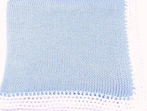 Knitted Hand Crochet Finished Blue Cotton White Trim Baby Blanket