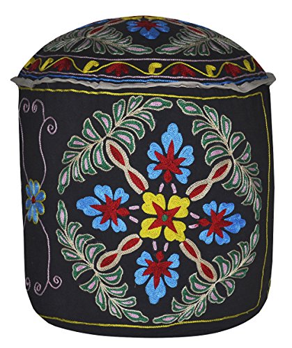 Lalhaveli Suzani Embroidery Design Ottoman Cover for Room Decor 18 X 18 X 14 Inches