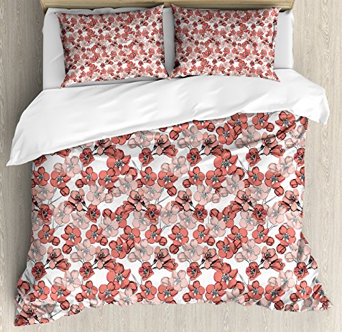 Ambesonne Cherry Blossom Duvet Cover Set, Spring Season Floral Hand Drawn Style Ornament Japanese Nature, Decorative 3 Piece Bedding Set with 2 Pillow Shams, Queen Size, Coral Blush White