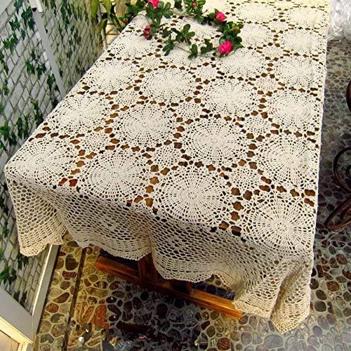 USTIDE Shabby Handmade Crochet Tablecloth Rectangle Romantic Table Cover Beige Lace Design Table Overlays Rectangular 62inchesx82inches