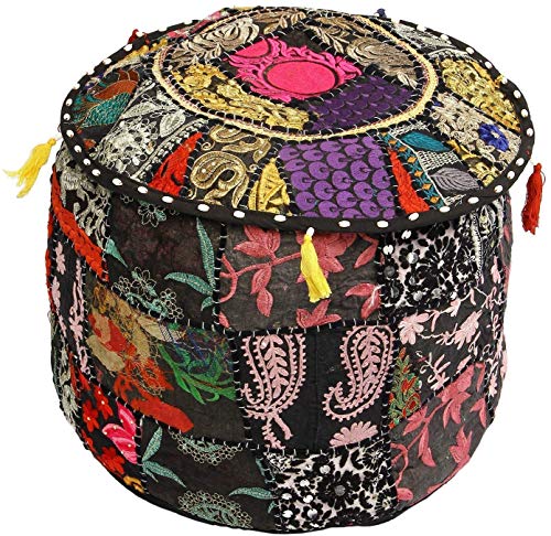 GANESHAM Indian Hippie Vintage Cotton Floor Pillow & Cushion Patchwork Bean Bag Chair Cover Boho Bohemian Hand Embroidered Handmade Pouf Ottoman (Black, 13