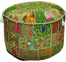 Load image into Gallery viewer, Indian Embroidered Patchwork Ottoman Cover,Traditional Indian Decorative Pouf Ottoman,Indian Comfortable Floor Cotton Cushion Ottoman Pouf,Indian Designs Ethnic Patchwork Pouf 18X13 inch (Green)
