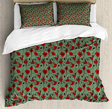 Load image into Gallery viewer, Ambesonne Poppy Flower Duvet Cover Set, Floral Arrangement with Abstract Ballerina Dance Themed Botany, Decorative 3 Piece Bedding Set with 2 Pillow Shams, Queen Size, Green Chestnut Brown Red

