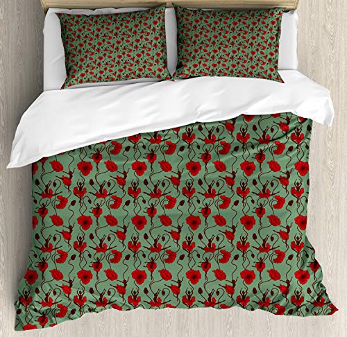 Ambesonne Poppy Flower Duvet Cover Set, Floral Arrangement with Abstract Ballerina Dance Themed Botany, Decorative 3 Piece Bedding Set with 2 Pillow Shams, Queen Size, Green Chestnut Brown Red
