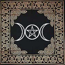 Load image into Gallery viewer, Altar Tarot Cloth: Triple Goddess With Pentagram - 24&quot; x 24&quot; (Gold/Silver on Black Pentacle/Pentagram)

