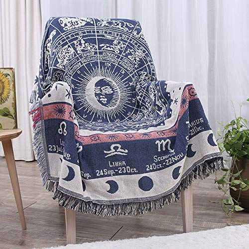 Erke Astrology Throw Blanket Tapestry with Boho Fringe for Couch Bed, Cotton Woven Reversible Knit Cover Hippie Blankets for Sofa Room Wall Decor - 50