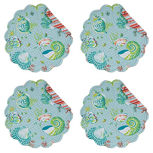 Laguna Breeze Shells Coral Blue Green Quilted Round Scalloped Placemats Set of 4