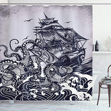 Load image into Gallery viewer, Ambesonne Nautical Shower Curtain, Kraken Octopus Tentacles with Ship Sail Old Boat in Ocean Waves, Cloth Fabric Bathroom Decor Set with Hooks, 70&quot; Long, Blue
