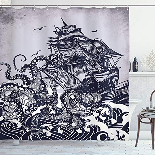 Ambesonne Nautical Shower Curtain, Kraken Octopus Tentacles with Ship Sail Old Boat in Ocean Waves, Cloth Fabric Bathroom Decor Set with Hooks, 70