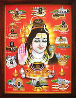 Handicraft Store Shiva with 12 Jyotirlinga, A Poster Painting with Frame for Hindu Religious Worship Purpose