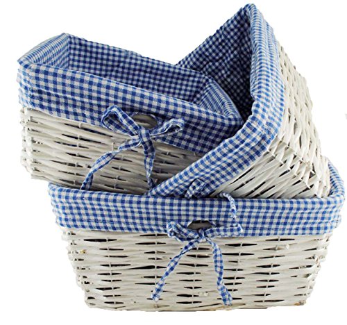 TopherTrading Topot 8 Sets Wholesale White Willow Baby Gift Storage Basket with Gingham Lining 3 Pc Set