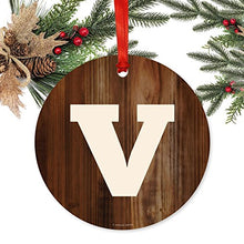 Load image into Gallery viewer, Andaz Press Family Metal Christmas Ornament, Monogram Letter V, Rustic Wood, 1-Pack, Includes Ribbon and Gift Bag
