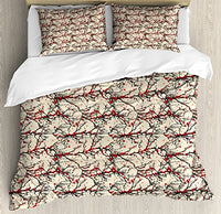 Ambesonne Cherry Blossom Duvet Cover Set, Vivid Japanese Garden Tree Branches Nature Inspired Ornaments, Decorative 3 Piece Bedding Set with 2 Pillow Shams, Queen Size, Beige Scarlet Black