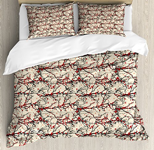 Ambesonne Cherry Blossom Duvet Cover Set, Vivid Japanese Garden Tree Branches Nature Inspired Ornaments, Decorative 3 Piece Bedding Set with 2 Pillow Shams, Queen Size, Beige Scarlet Black