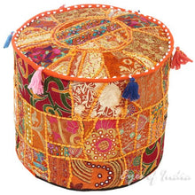Load image into Gallery viewer, NANDNANDINI - Beautiful Handmade Orange Christmas Decorative Bohemian Ottoman Patchwork Ottoman Indian Embroidered Indian Vintage Cotton Round Pouf Foot Stool, Vintage Ottoman Bohemian Decor
