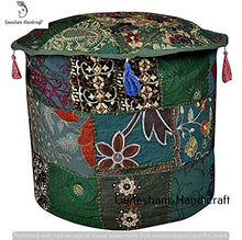 Load image into Gallery viewer, GANESHAM Indian Patchwork Pouf Cover Indian Living Room Home Decor Pouf, Decorative Ottoman, Hand Embroidered Designer Ottoman, Home Living Footstool Chair Cover, Bohemian Pouf Ottoman (Cover Only)
