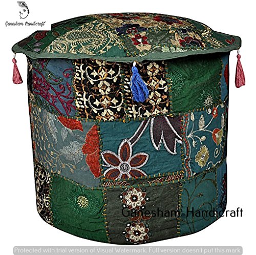 GANESHAM Indian Patchwork Pouf Cover Indian Living Room Home Decor Pouf, Decorative Ottoman, Hand Embroidered Designer Ottoman, Home Living Footstool Chair Cover, Bohemian Pouf Ottoman (Cover Only)