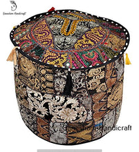 Load image into Gallery viewer, GANESHAM Indian Hippie Vintage Cotton Floor Pillow &amp; Cushion Patchwork Bean Bag Chair Cover Boho Bohemian Hand Embroidered Handmade Pouf Ottoman (Black, 13&quot; H x 18&quot; Diam.(inch))
