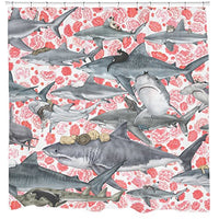 Sharp Shirter Cats Riding Sharks Shower Curtain Set Floral Pirate Bathroom Decor Cool Boho Nautical Artwork Hooks Included