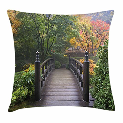 Lunarable Nature Throw Pillow Cushion Cover, Wooden Bridge at Portland Japanese Garden Oregon in Foggy Autumnal Morning Park, Decorative Square Accent Pillow Case, 40