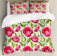 Load image into Gallery viewer, Ambesonne Poppy Flower Duvet Cover Set, Leaves and Petals Watercolors Bouquet Romance Inspiration Valentines Day, Decorative 3 Piece Bedding Set with 2 Pillow Shams, King Size, Green Pink Cream
