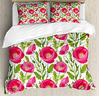 Ambesonne Poppy Flower Duvet Cover Set, Leaves and Petals Watercolors Bouquet Romance Inspiration Valentines Day, Decorative 3 Piece Bedding Set with 2 Pillow Shams, King Size, Green Pink Cream