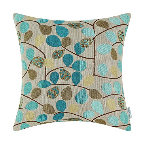 CaliTime Cushion Cover Throw Pillow Case Shell for Couch Sofa Home Decoration Luxury Chenille Cute Leaves Both Sides 20 X 20 Inches Ecru Teal